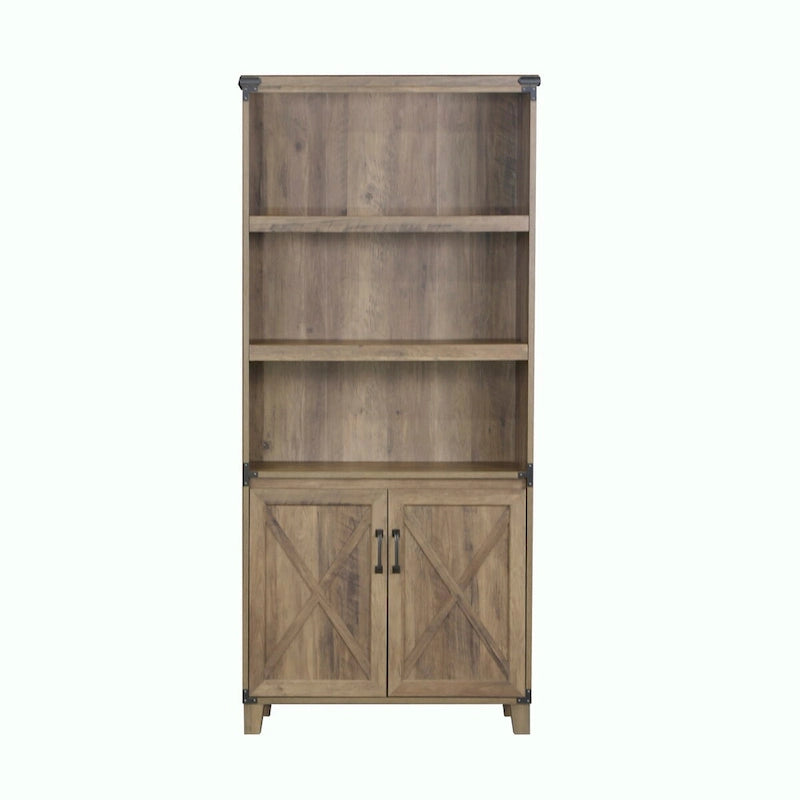 Farmhouse 2-Door Bookcase with 3 Open Shelves, X-Cross Trim, Rustic Oak, 12x30.7x67.4"