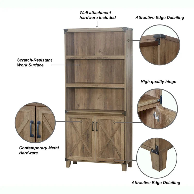 Farmhouse 2-Door Bookcase with 3 Open Shelves, X-Cross Trim, Rustic Oak, 12x30.7x67.4"
