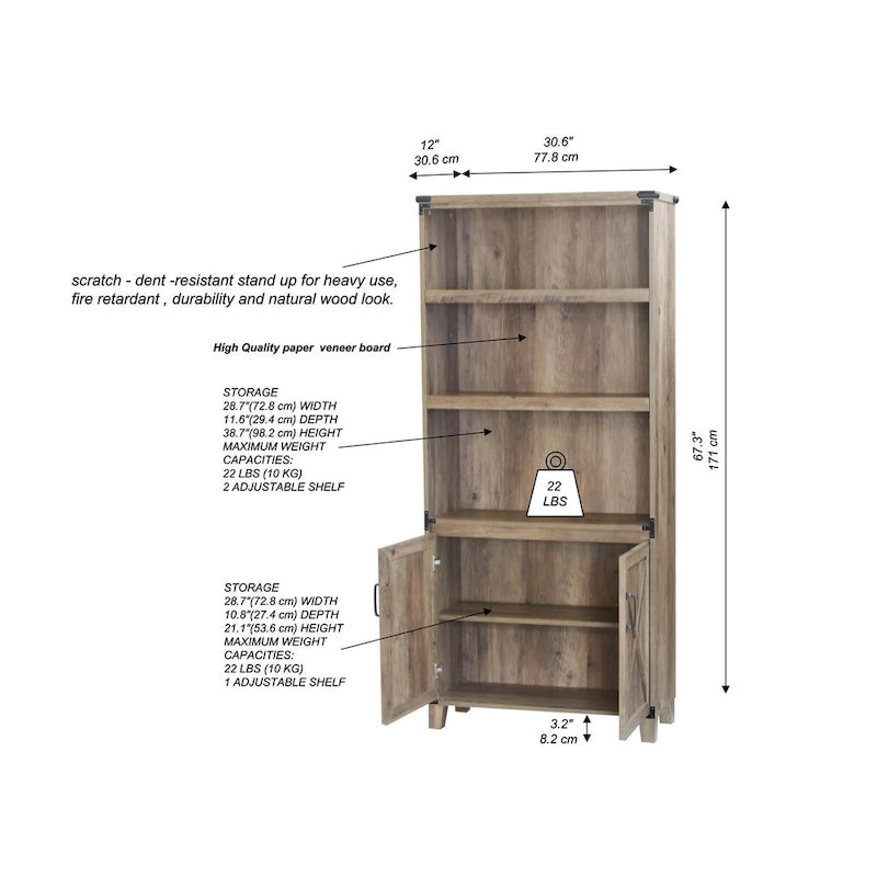 Farmhouse 2-Door Bookcase with 3 Open Shelves, X-Cross Trim, Rustic Oak, 12x30.7x67.4"