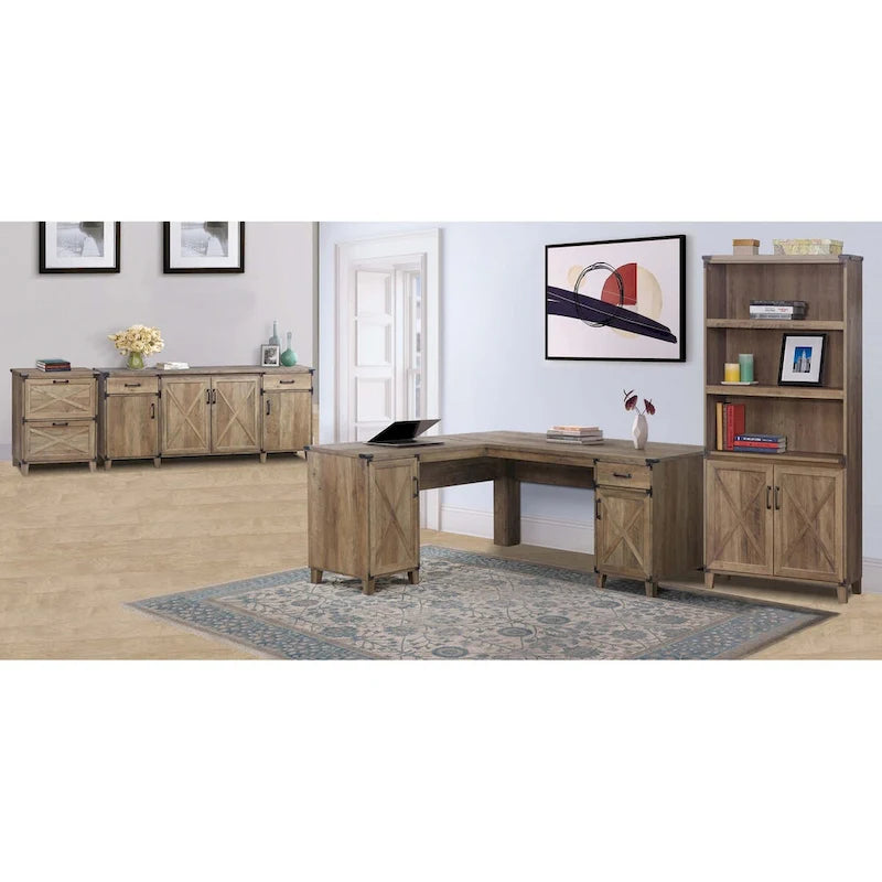 Farmhouse 2-Door Bookcase with 3 Open Shelves, X-Cross Trim, Rustic Oak, 12x30.7x67.4"