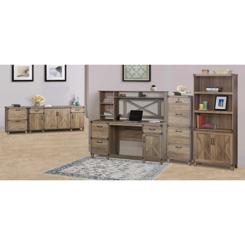Farmhouse 2-Door Bookcase with 3 Open Shelves, X-Cross Trim, Rustic Oak, 12x30.7x67.4"