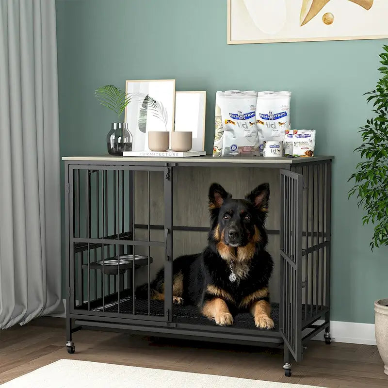 Dog crate furniture with Rremovable Ttray, Double-Door House, lift Panel, 360 Degree Rotation -3 Height Adjustable Feeding Bowls