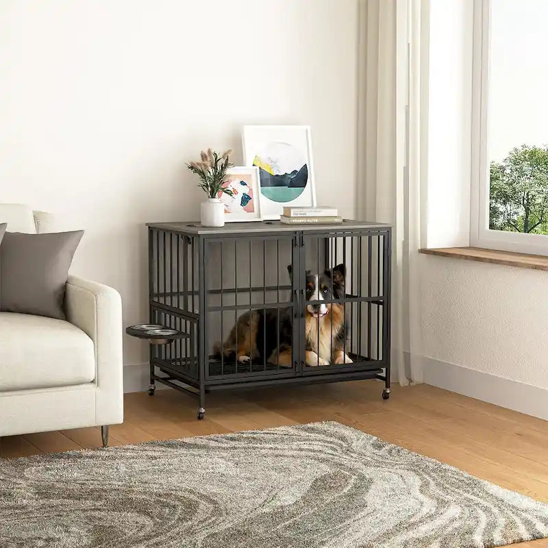 Dog crate furniture with Rremovable Ttray, Double-Door House, lift Panel, 360 Degree Rotation -3 Height Adjustable Feeding Bowls