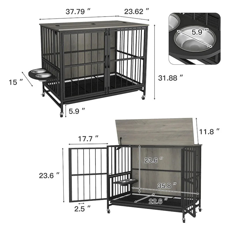 Dog crate furniture with Rremovable Ttray, Double-Door House, lift Panel, 360 Degree Rotation -3 Height Adjustable Feeding Bowls