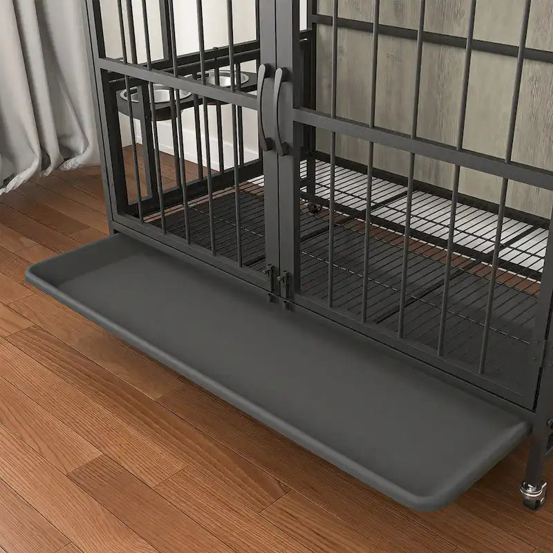 Dog crate furniture with Rremovable Ttray, Double-Door House, lift Panel, 360 Degree Rotation -3 Height Adjustable Feeding Bowls