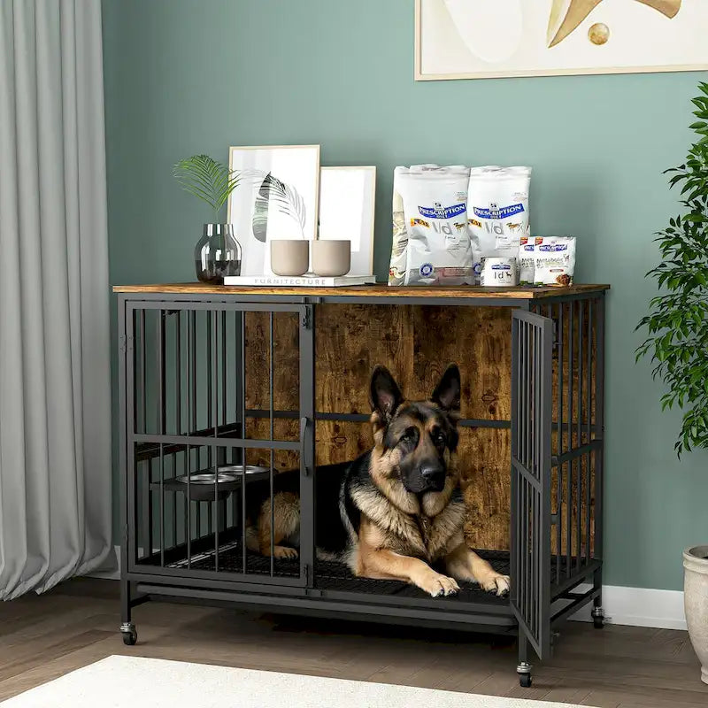 Dog crate furniture with Rremovable Ttray, Double-Door House, lift Panel, 360 Degree Rotation -3 Height Adjustable Feeding Bowls