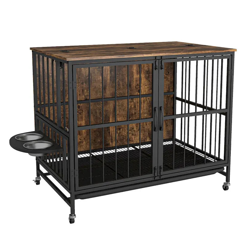 Dog crate furniture with Rremovable Ttray, Double-Door House, lift Panel, 360 Degree Rotation -3 Height Adjustable Feeding Bowls