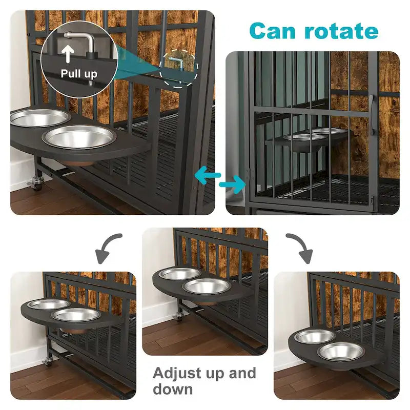 Dog crate furniture with Rremovable Ttray, Double-Door House, lift Panel, 360 Degree Rotation -3 Height Adjustable Feeding Bowls
