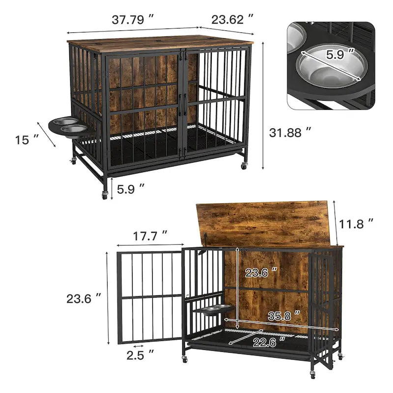 Dog crate furniture with Rremovable Ttray, Double-Door House, lift Panel, 360 Degree Rotation -3 Height Adjustable Feeding Bowls