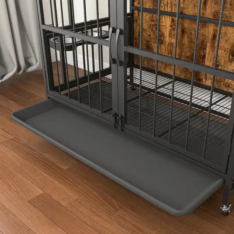 Dog crate furniture with Rremovable Ttray, Double-Door House, lift Panel, 360 Degree Rotation -3 Height Adjustable Feeding Bowls