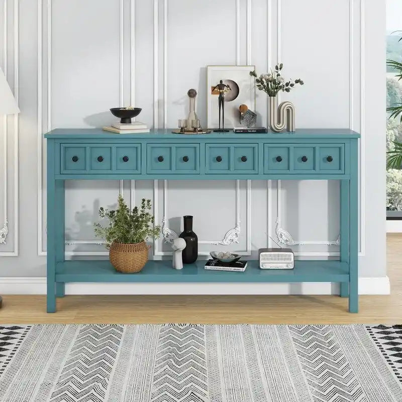 Rustic Entryway Console Table, 60 Long Sofa Table with two Different Size Drawers and Bottom Shelf for Storage