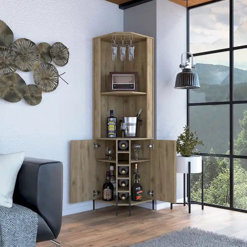 Corner Bar Cabinet for Kitchen, Dining Room,Living Room, Aged Oak