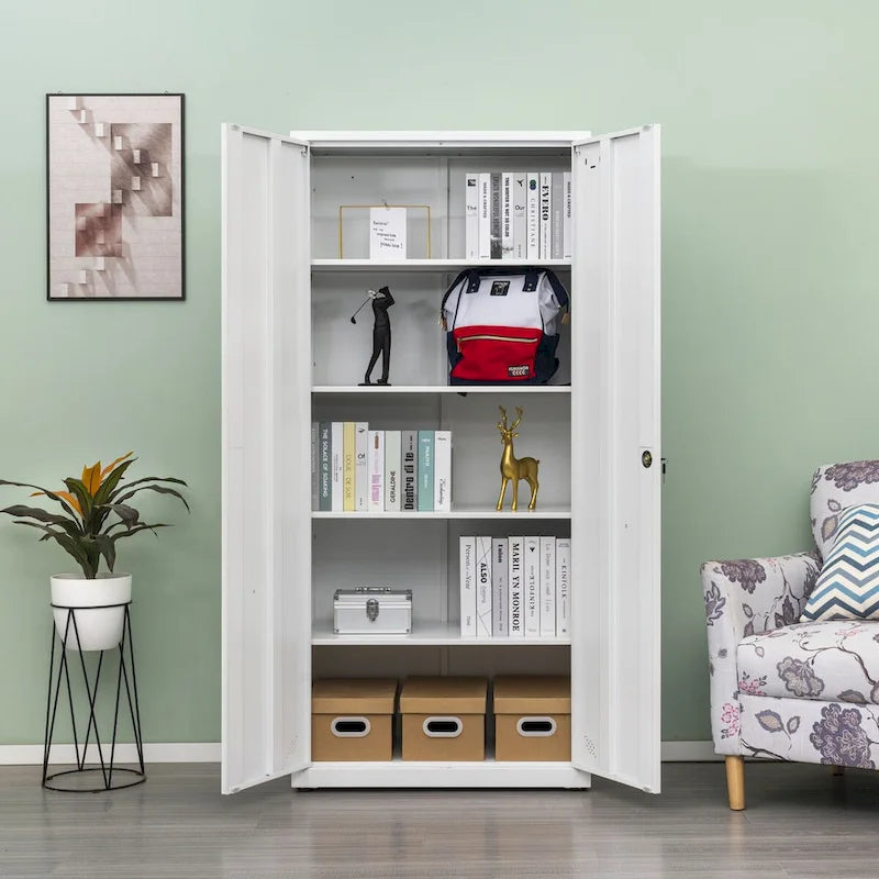 Metal Storage Cabinet with 2-Doors and Adjustable Shelves, Lockable Tall File Cabinet for Home Office Garage Kitchen Pantry