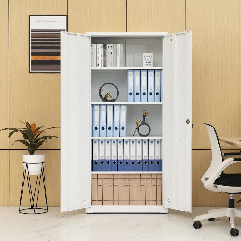 Metal Storage Cabinet with 2-Doors and Adjustable Shelves, Lockable Tall File Cabinet for Home Office Garage Kitchen Pantry