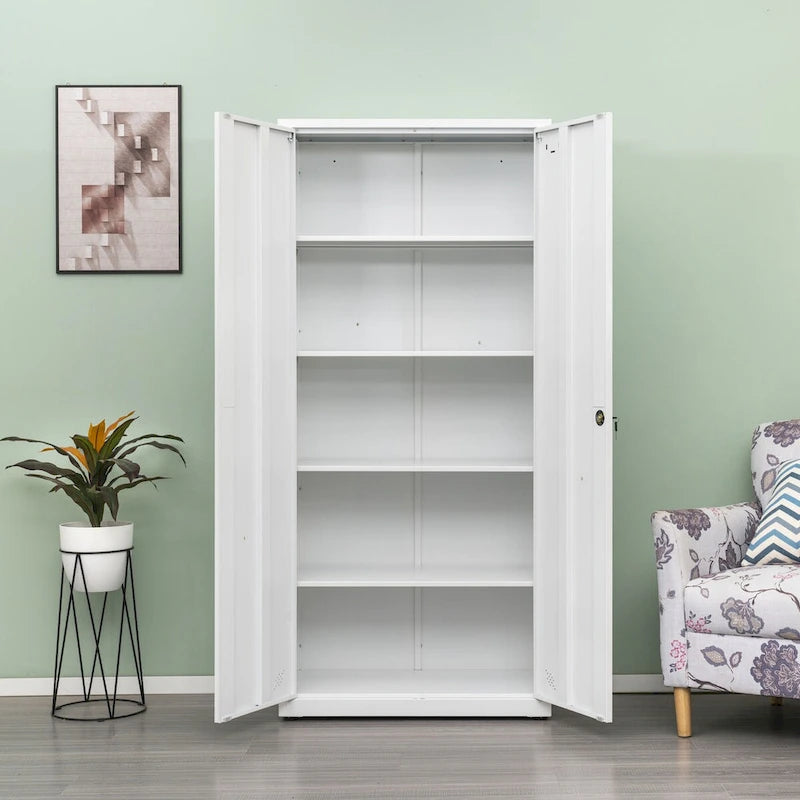 Metal Storage Cabinet with 2-Doors and Adjustable Shelves, Lockable Tall File Cabinet for Home Office Garage Kitchen Pantry