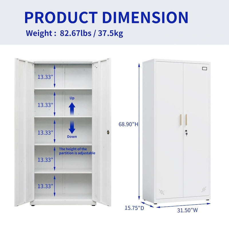 Metal Storage Cabinet with 2-Doors and Adjustable Shelves, Lockable Tall File Cabinet for Home Office Garage Kitchen Pantry