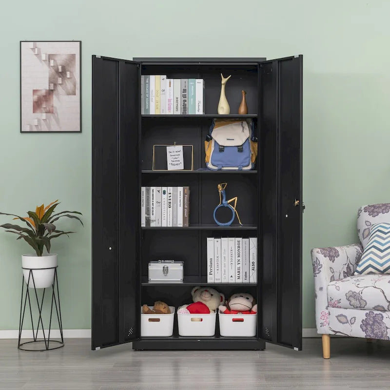 Metal Storage Cabinet with 2-Doors and Adjustable Shelves, Lockable Tall File Cabinet for Home Office Garage Kitchen Pantry