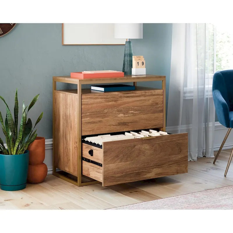 2-Drawer Lateral File Cabinet with Open Shelf, Satin Gold Frame & Mango Finish