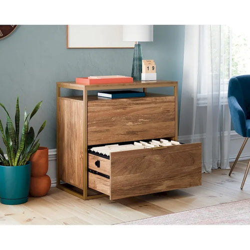 2-Drawer Lateral File Cabinet with Open Shelf, Satin Gold Frame & Mango Finish
