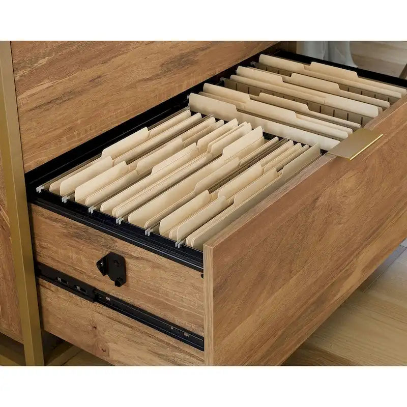 2-Drawer Lateral File Cabinet with Open Shelf, Satin Gold Frame & Mango Finish