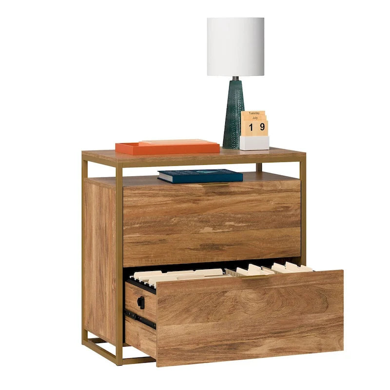2-Drawer Lateral File Cabinet with Open Shelf, Satin Gold Frame & Mango Finish