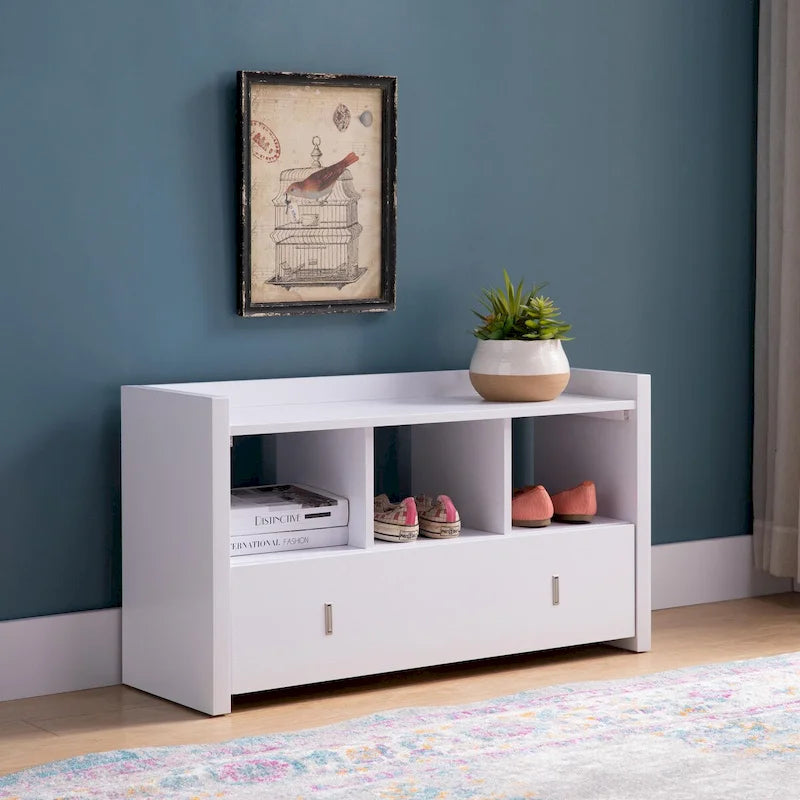 White Entryway Shoe Bench, Three Shelves Organizer with Storage Drawer