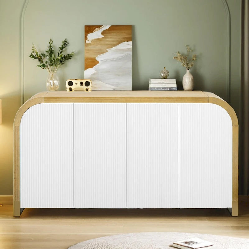 4-door Curved Corner Design Wavy Door Panel Cabinet with Adjustable Shelves, Suitable for Study, Living Room and Entrance