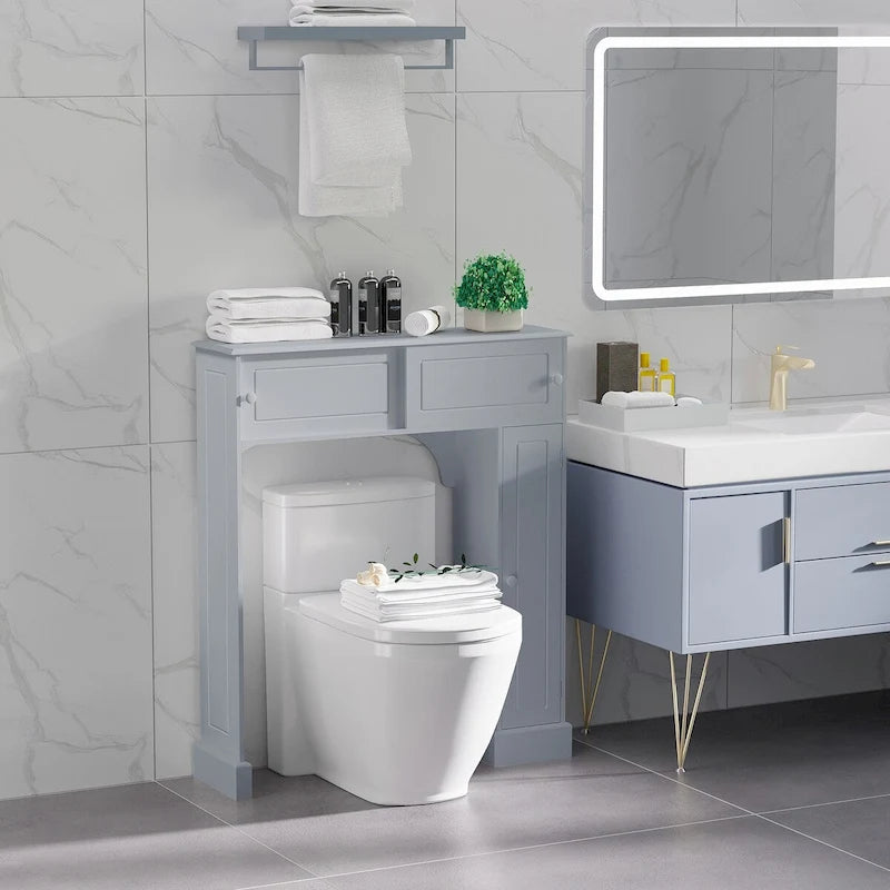 Over-the-Toilet Bathroom Cabinet with 4 Open Cubbies, Sliding Door & Adjustable Shelf, Gray