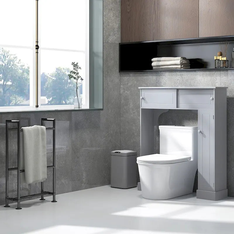 Over-the-Toilet Bathroom Cabinet with 4 Open Cubbies, Sliding Door & Adjustable Shelf, Gray