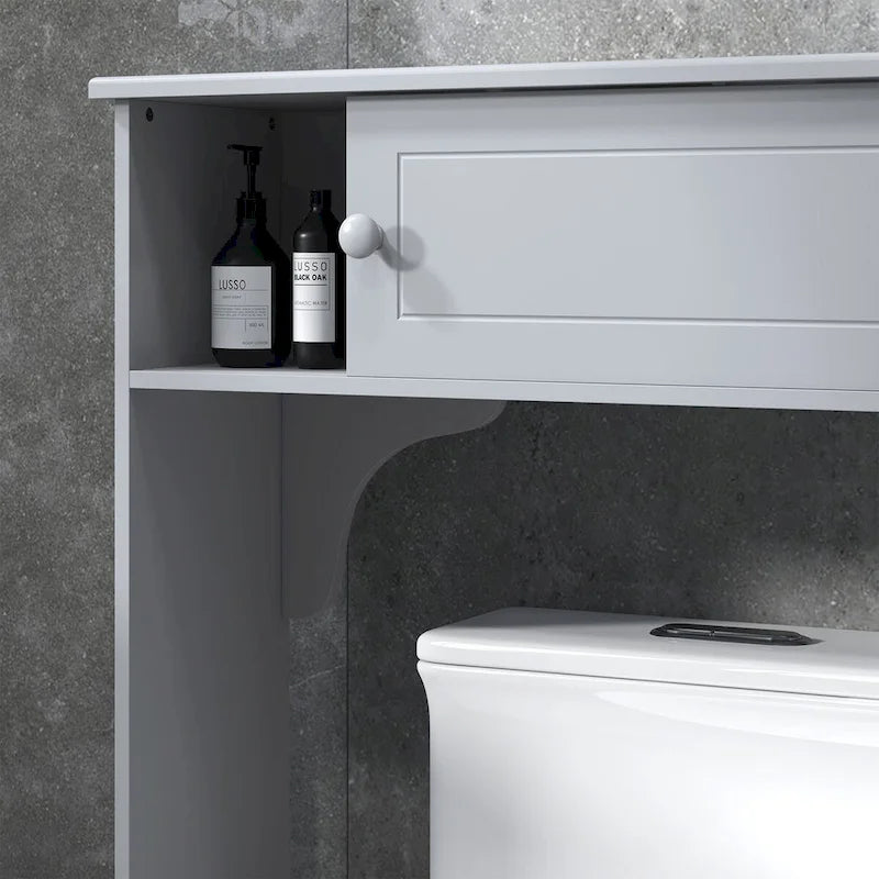 Over-the-Toilet Bathroom Cabinet with 4 Open Cubbies, Sliding Door & Adjustable Shelf, Gray