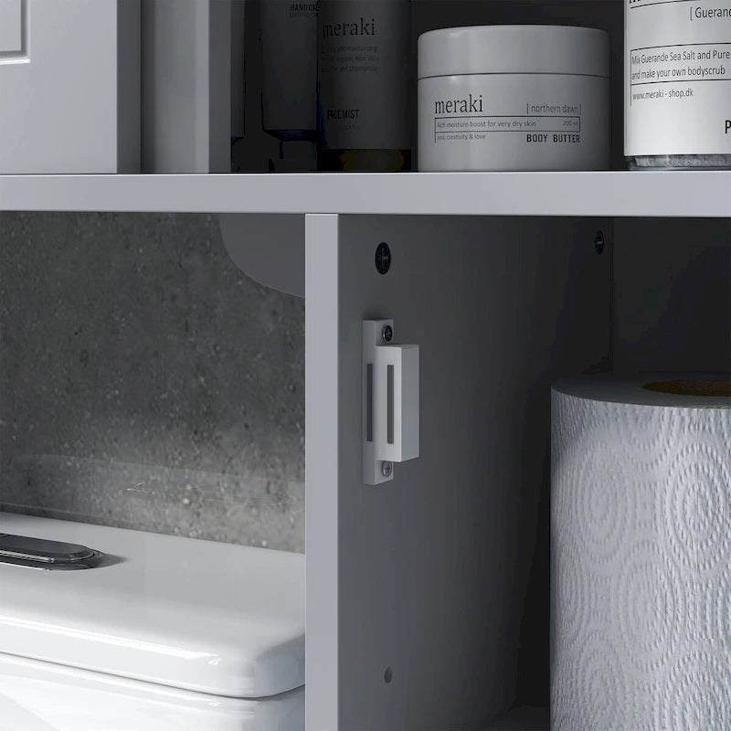 Over-the-Toilet Bathroom Cabinet with 4 Open Cubbies, Sliding Door & Adjustable Shelf, Gray