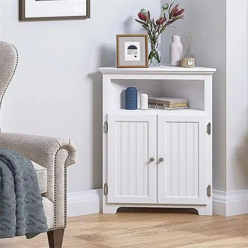 Bathroom Corner Storage Cabinet with Adjustable Shelves & Brushed Nickel Handle