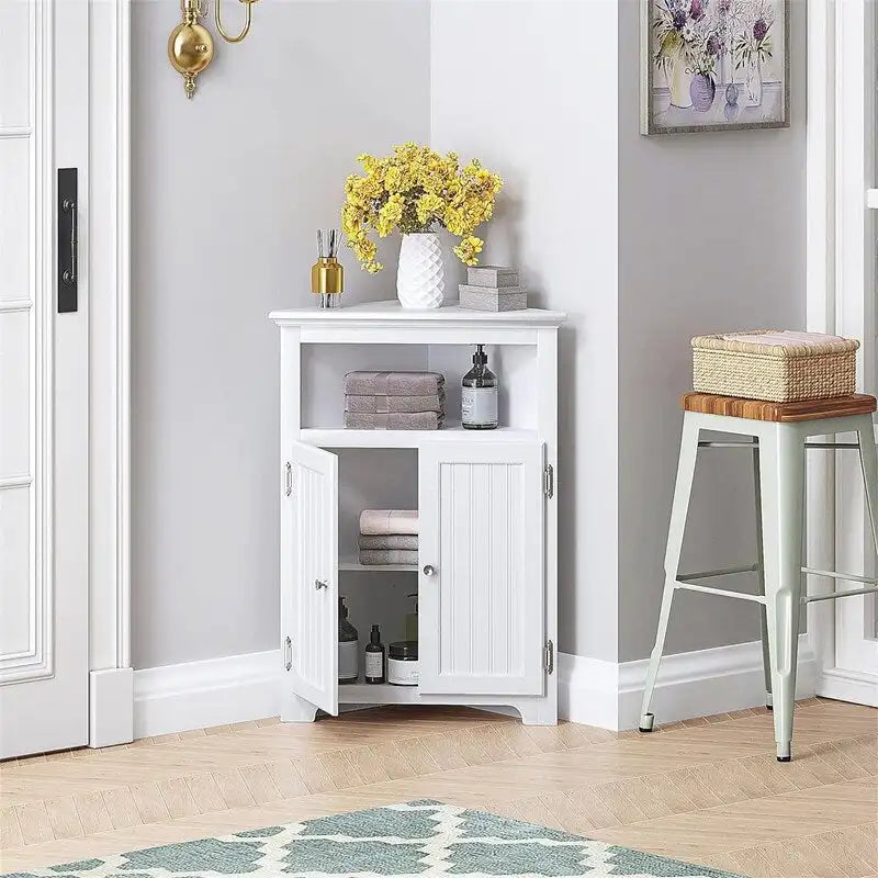 Bathroom Corner Storage Cabinet with Adjustable Shelves & Brushed Nickel Handle