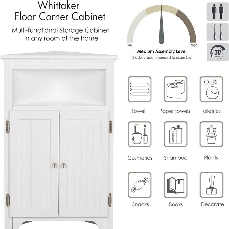 Bathroom Corner Storage Cabinet with Adjustable Shelves & Brushed Nickel Handle