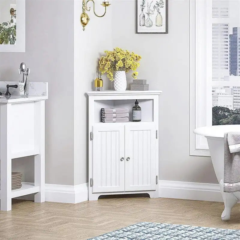 Bathroom Corner Storage Cabinet with Adjustable Shelves & Brushed Nickel Handle