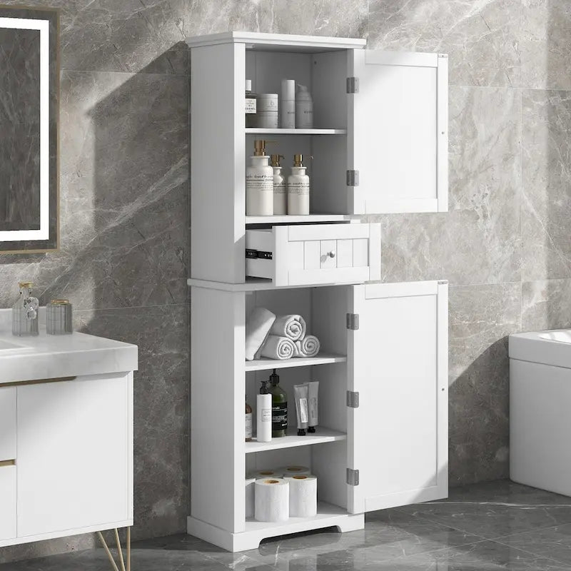 67 Tall Wood 2-door Bathroom Cabinet with Drawer and Adjustable Shelf