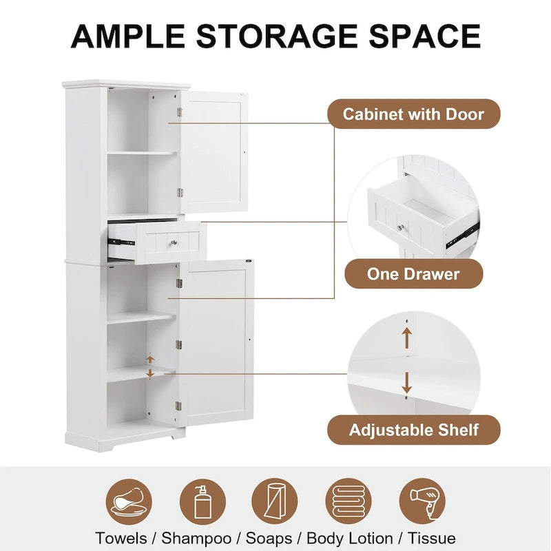 67 Tall Wood 2-door Bathroom Cabinet with Drawer and Adjustable Shelf