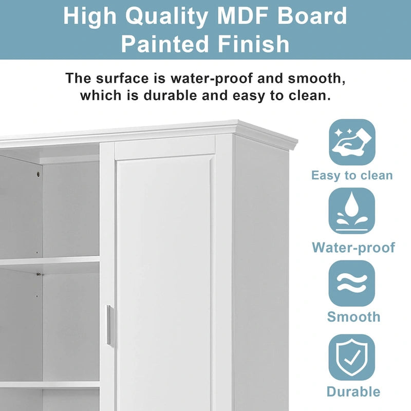 63 Tall Wood 2-door Bathroom Cabinet in White with Adjustable Shelf