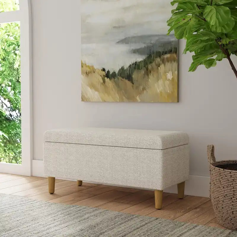 Modern Storage Bench Ottoman with Soft-Close Lid & Wood Legs, Chevron Fabric, 36x16x17.5"